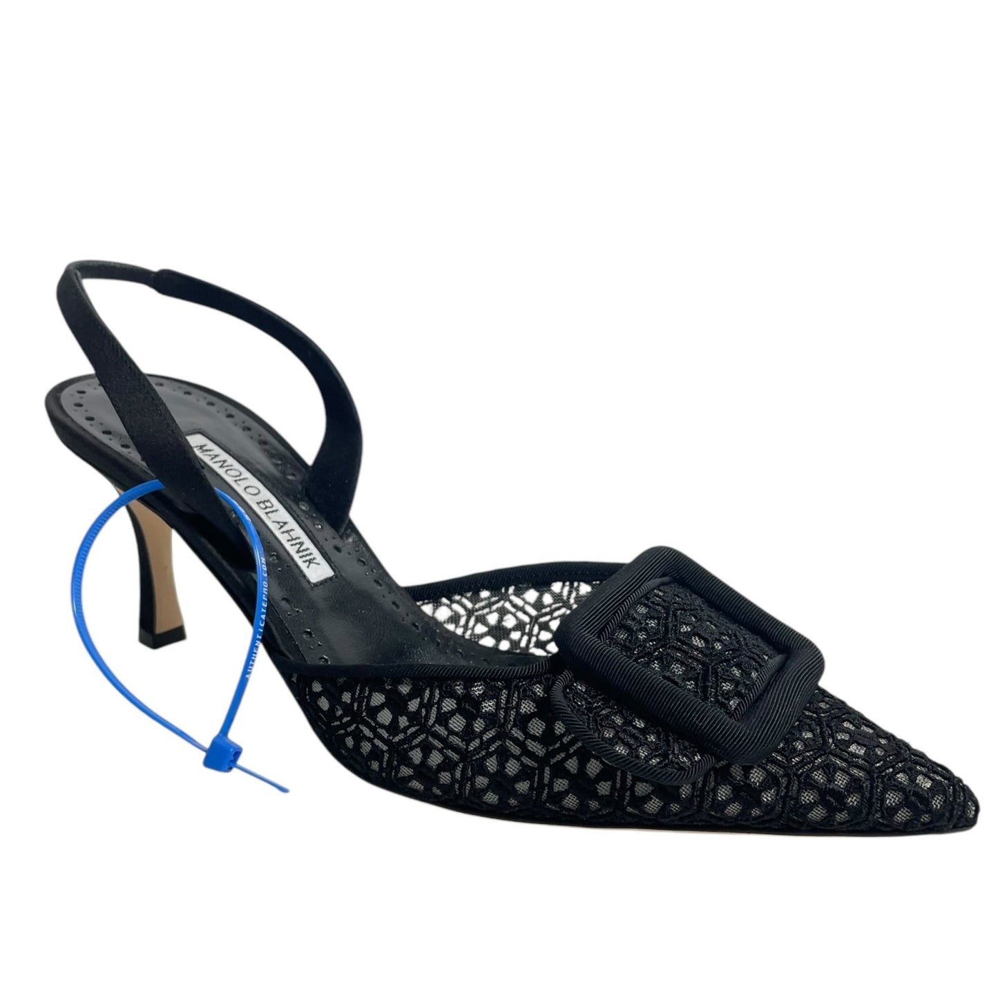 Manolo Blahnik Maysli 70 Lace Satin Slingback Mules Pumps Black Size 37.5