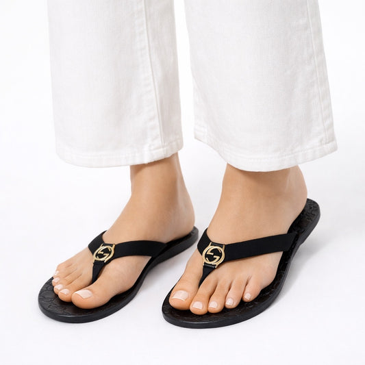 Gucci Interlocking GG Logo Thong Sandal Slide Black Gold Size 41