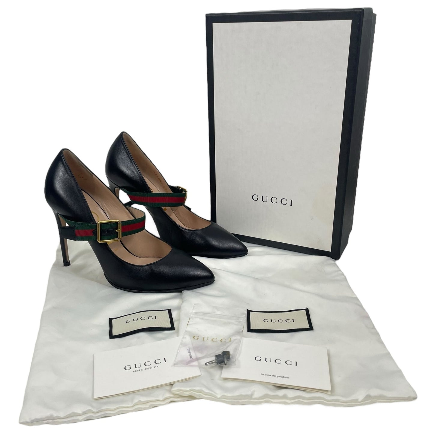 Gucci Malaga Kid Sylvie Mary Jane Web Pumps Black Leather Size 38.5