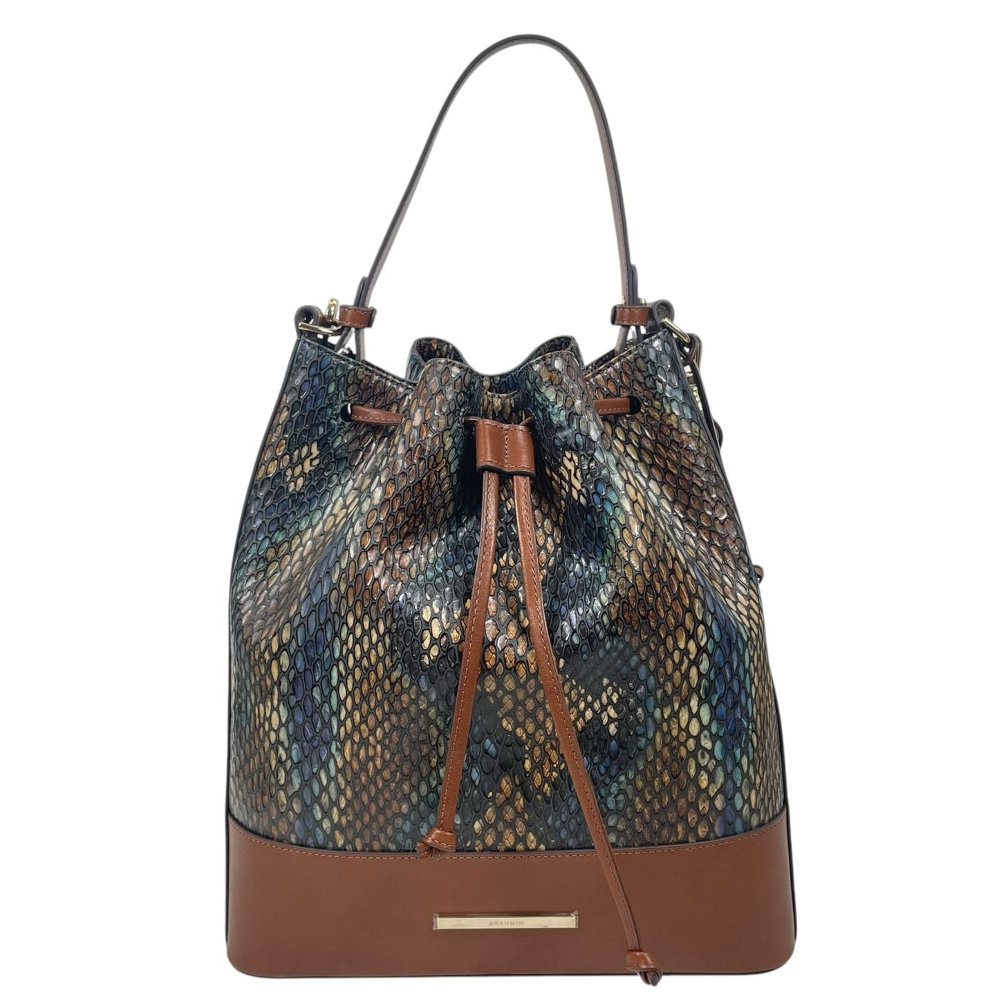 Brahmin Marlowe Embossed Leather Bucket Bag Bottle Blue Fletcher