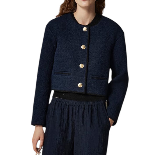 J. Crew Tweed Bomber Lady Jacket Wool Blend Navy Gold Button Size 14