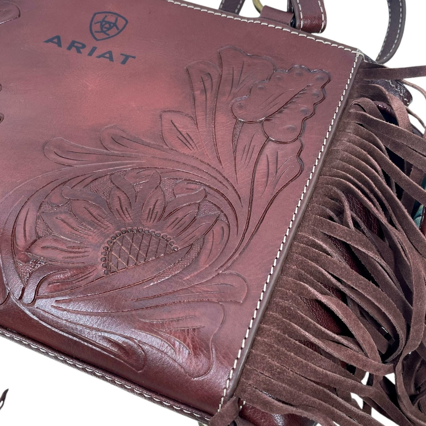 Ariat Victoria Floral Tooled Leather Fringed Shoulder Bag Brown