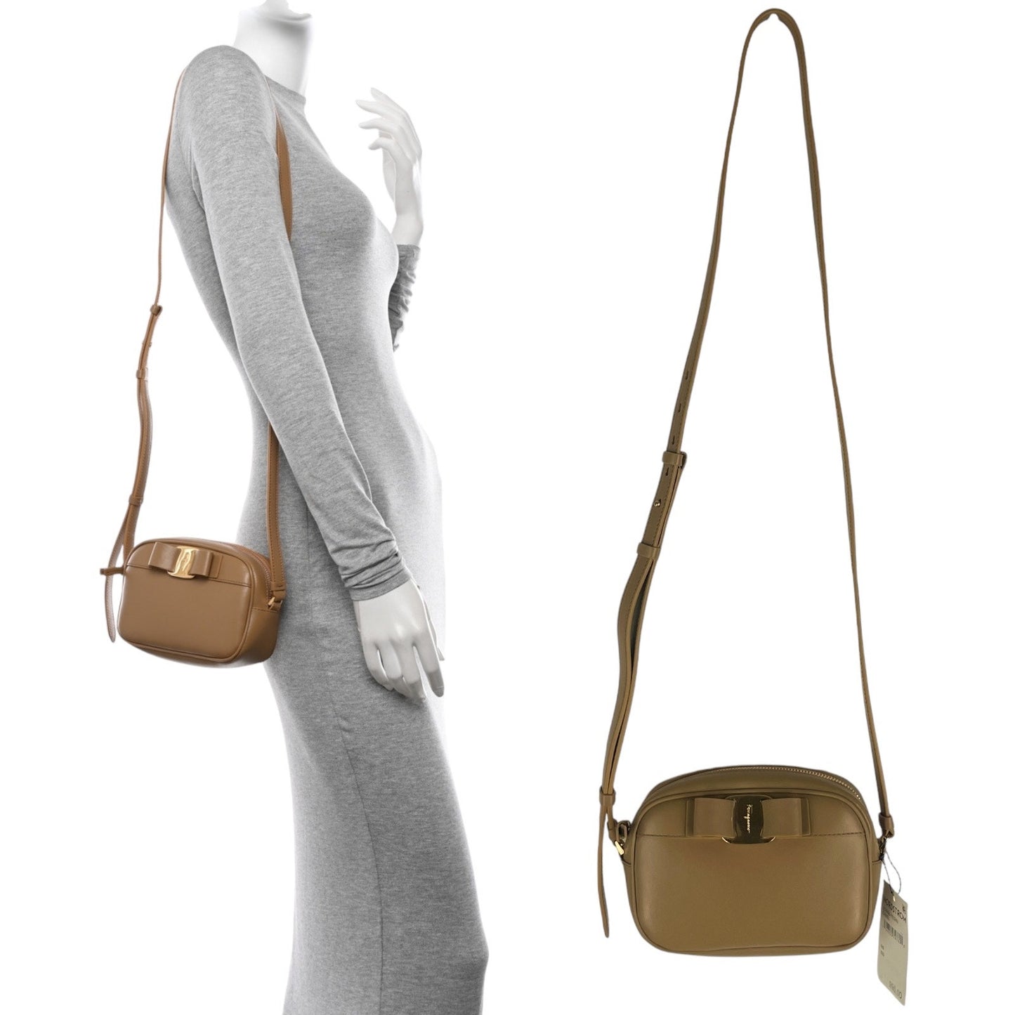 Salvatore Ferragamo Calfskin Vara Bow Crossbody Camera Bag Camel Tan
