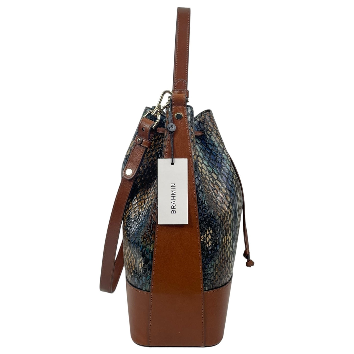 Brahmin Marlowe Embossed Leather Bucket Bag Bottle Blue Fletcher