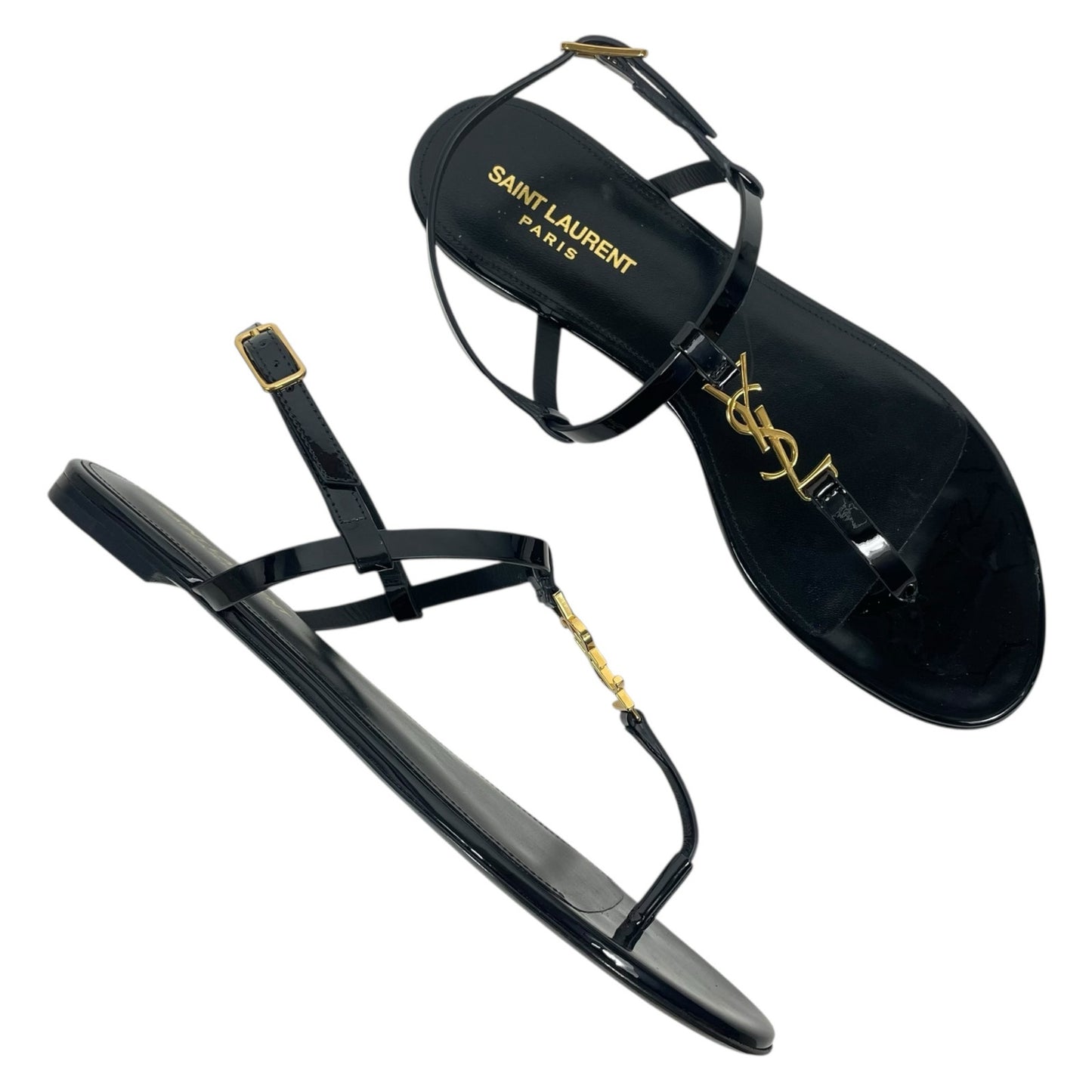 Saint Laurent Cassandra Patent YSL Thong Slide Sandal Black Gold Size 39.5