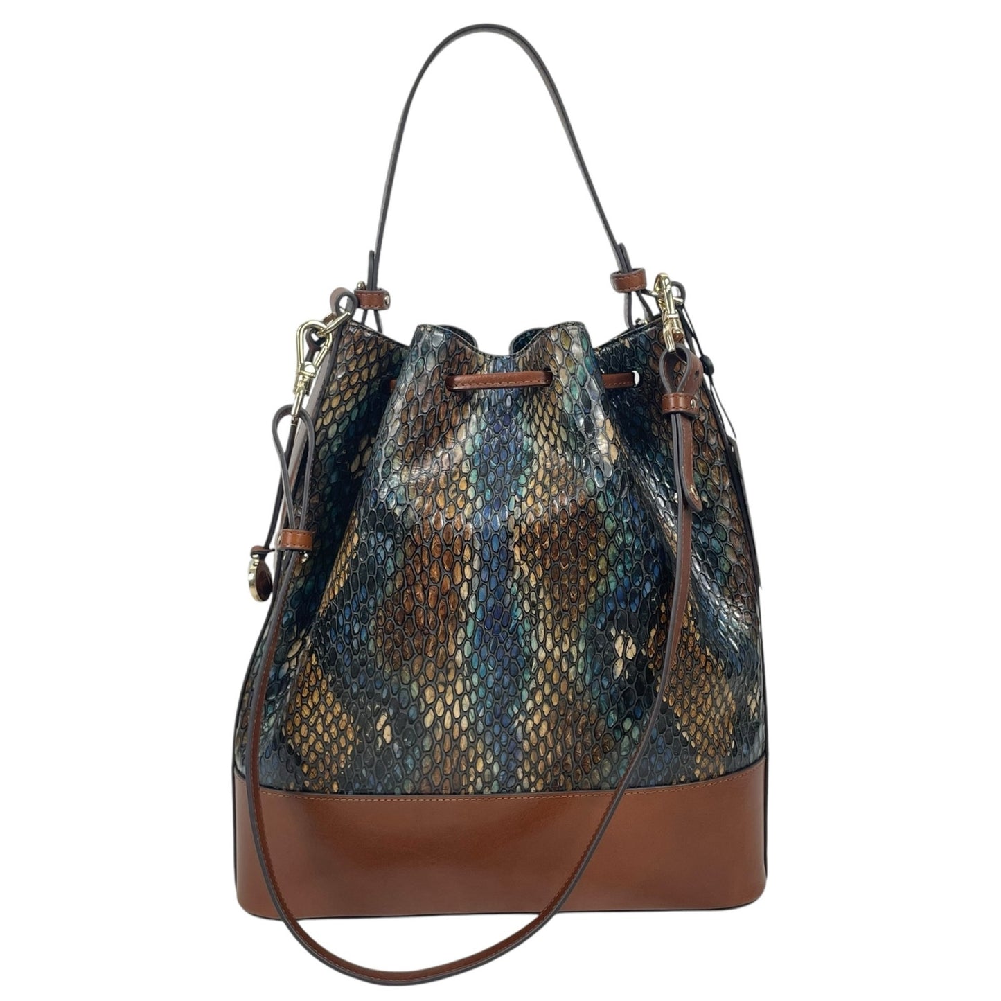 Brahmin Marlowe Embossed Leather Bucket Bag Bottle Blue Fletcher