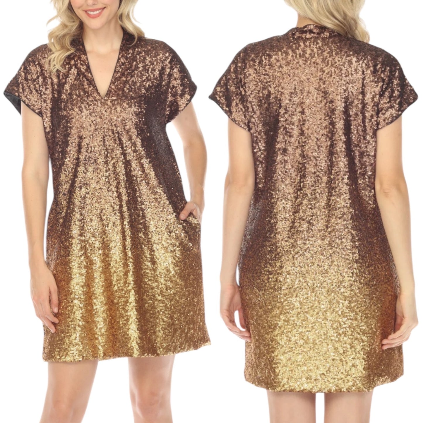 Johnny Was Sequin Gold Alma Ombre V Neck Shift Dress Pockets Size XS