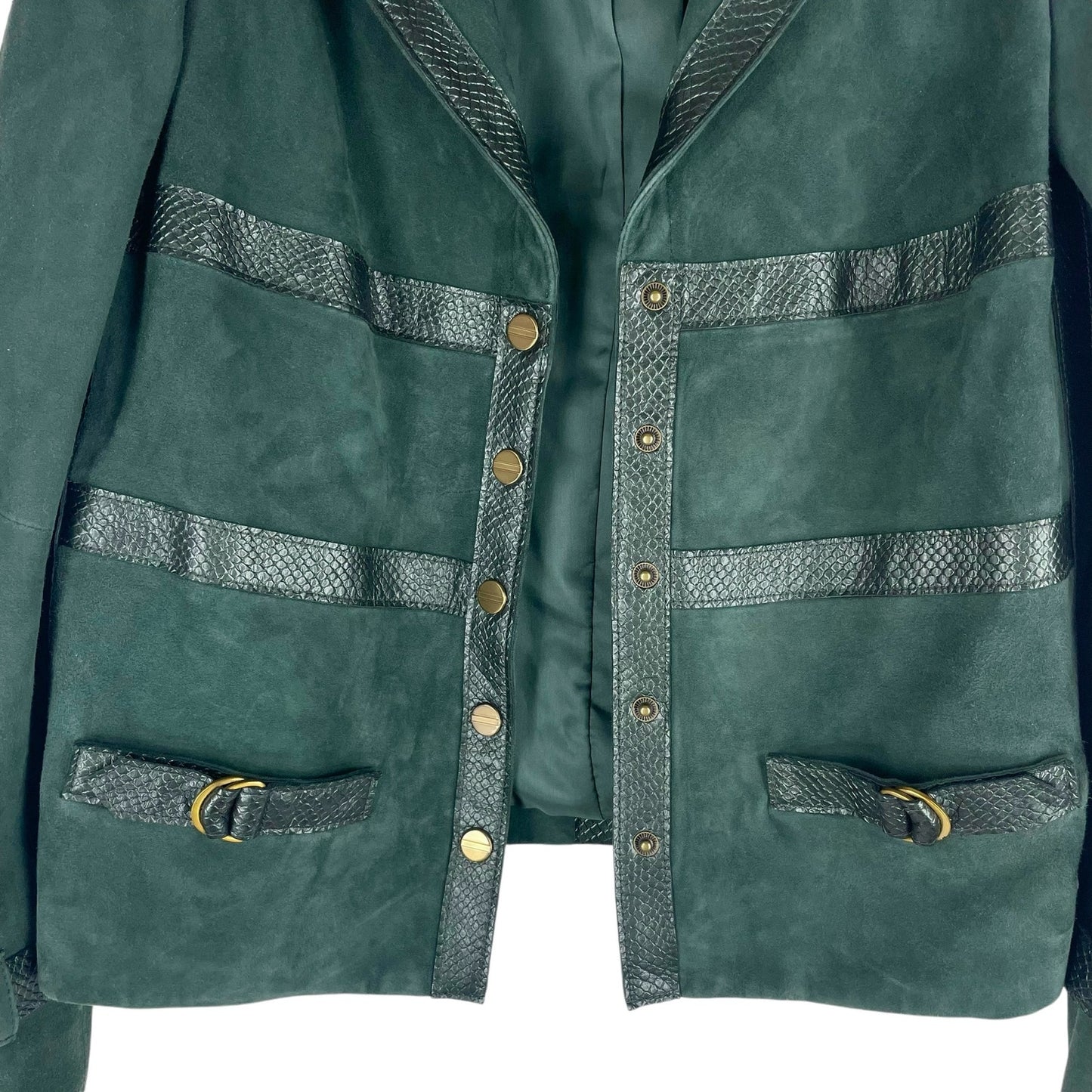 Worth NY Snake Leather Trim Suede Jacket Snap Button Dark Green Size 4
