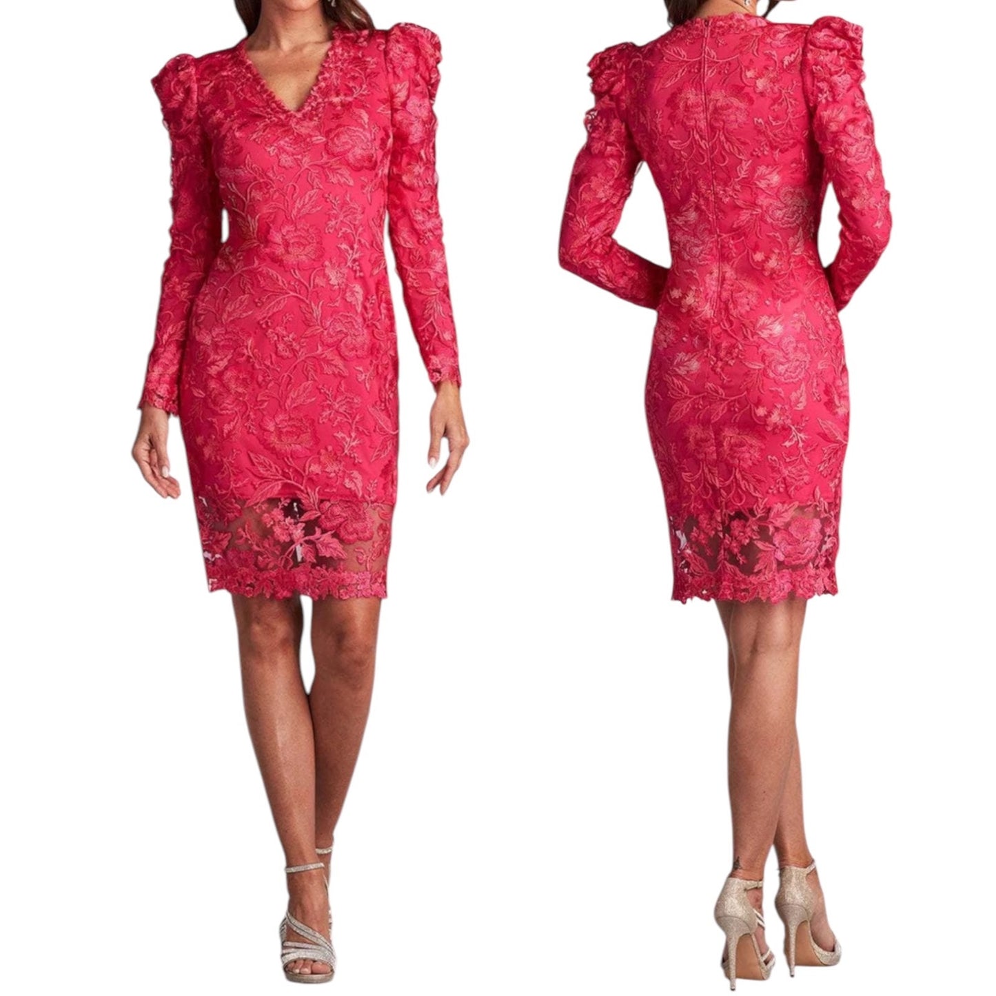 Tadashi Shoji Embroidered Puff Sleeve Cocktail Dress Pink Size 12