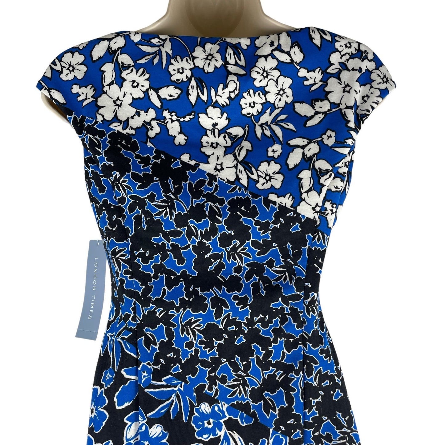 London Times Floral Printed Diagonal Sheath Dress Sleeveless Blue Size 0