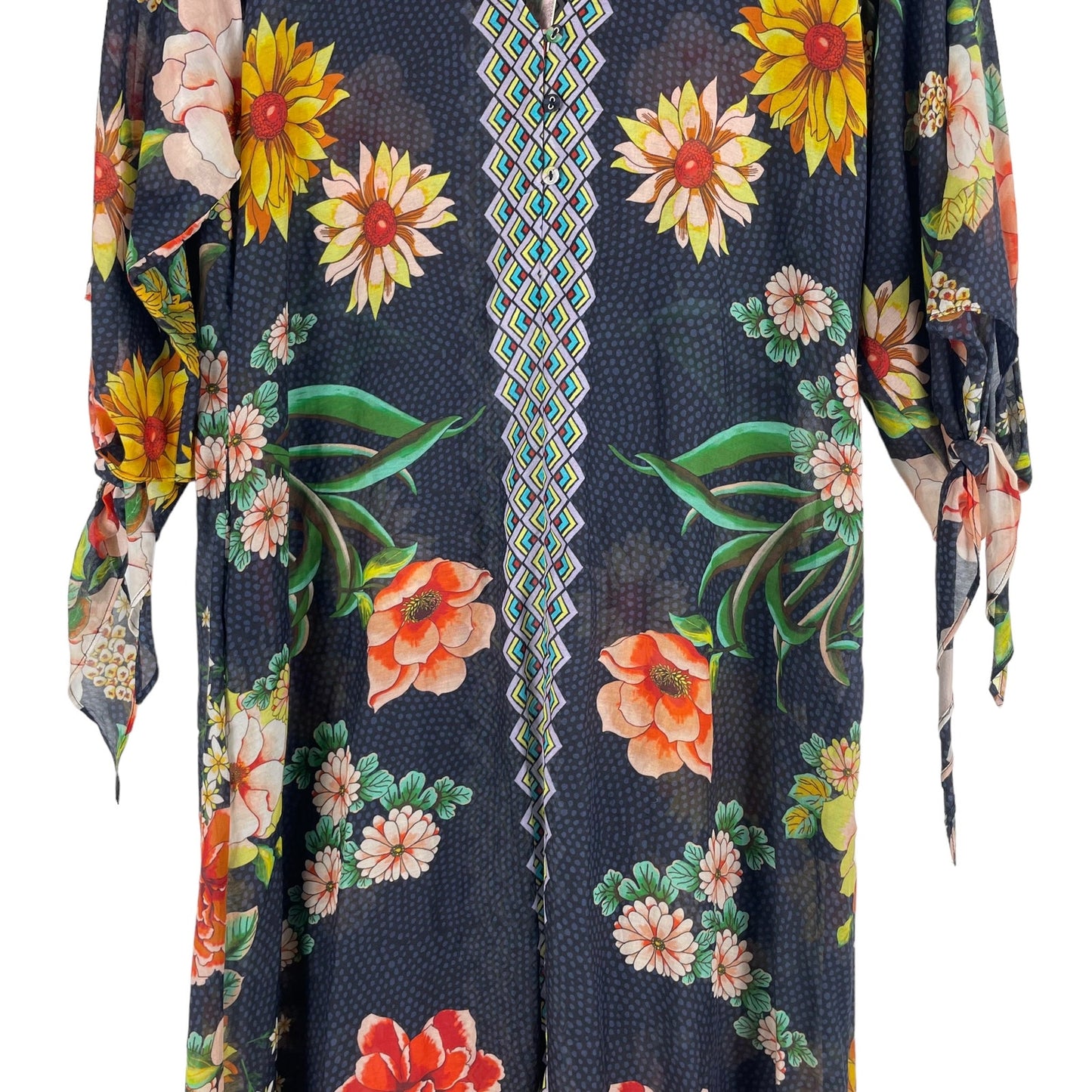 Johnny Was Mia Floral Border Long Dress Silk Blend Semi Sheer Size XS