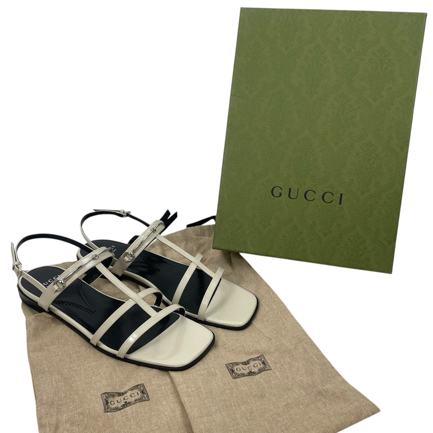 Gucci Divine Horsebit Patent Leather Slim Sandal Mystic White Size 40