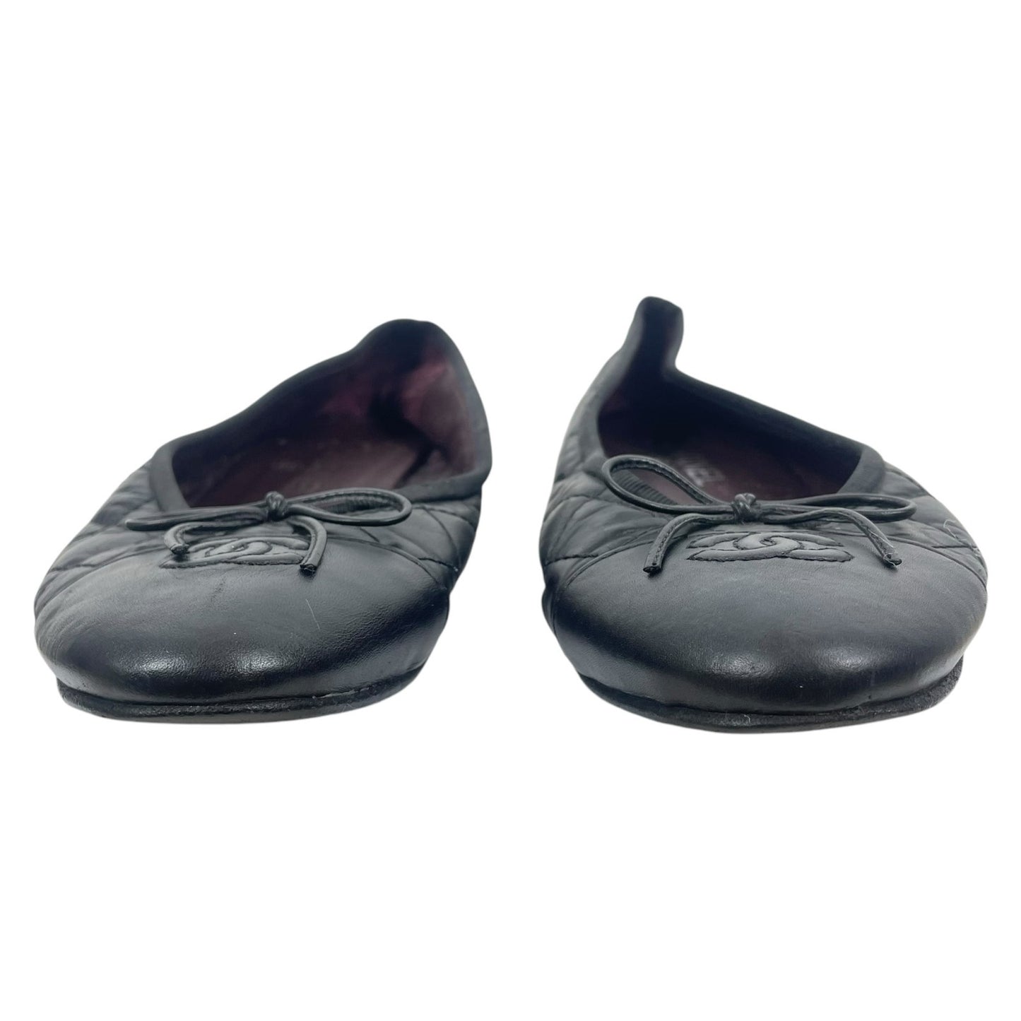 Chanel Cap Toe CC Logo Bow Quilted Leather Ballet Flats Black Size 40