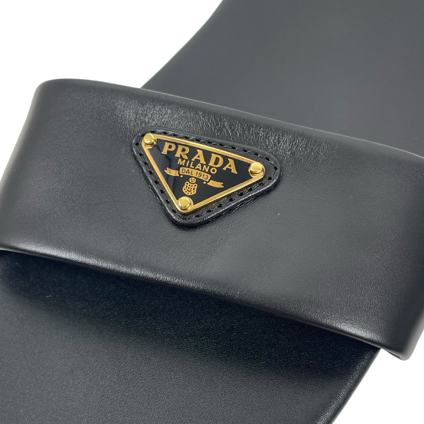Prada Logo Enamel Plaque Flat Leather Slide Sandal Black Size 37.5