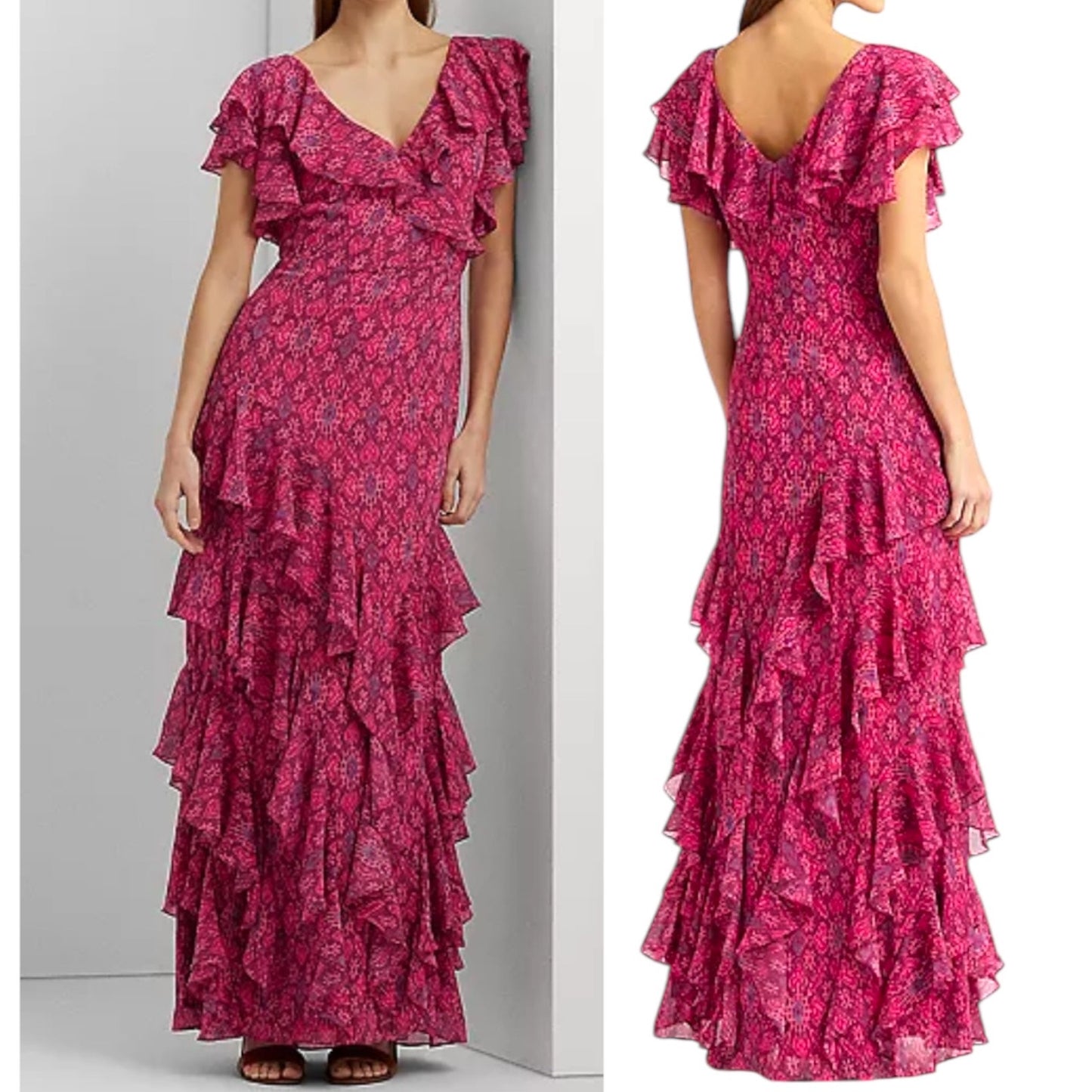 Lauren Ralph Lauren Geo Print Ruffle Trim Georgette Gown Pink Size 10