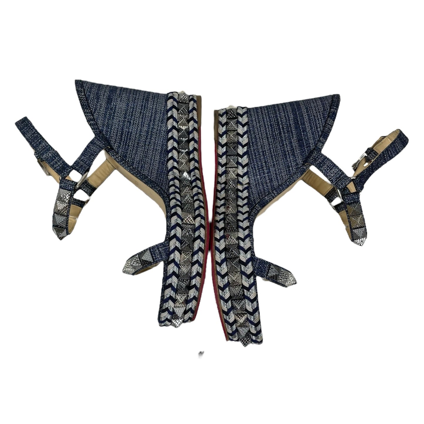 Christian Louboutin Lame Lux Pyraclou 110 Denim Wedge Sandal Blue Size 41