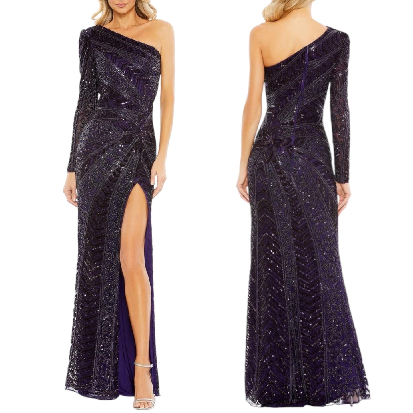Mac Duggal Beaded One Shoulder Evening Gown Aubergine 5649 Size 6