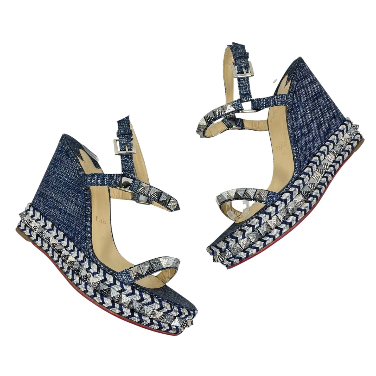 Christian Louboutin Lame Lux Pyraclou 110 Denim Wedge Sandal Blue Size 41