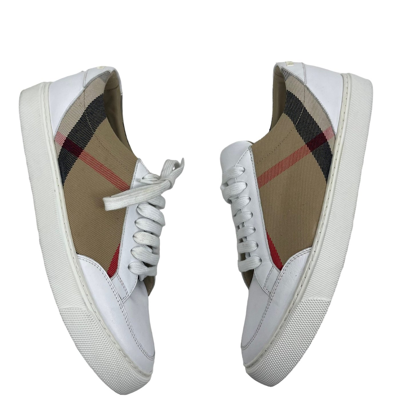 Burberry New Salmond Check Leather Sneakers Lace Up White Size 39.5