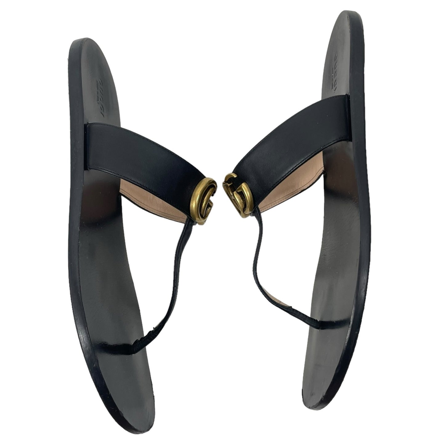 Gucci Leather Thong Sandals with Double G Logo Black Gold Size 40.5