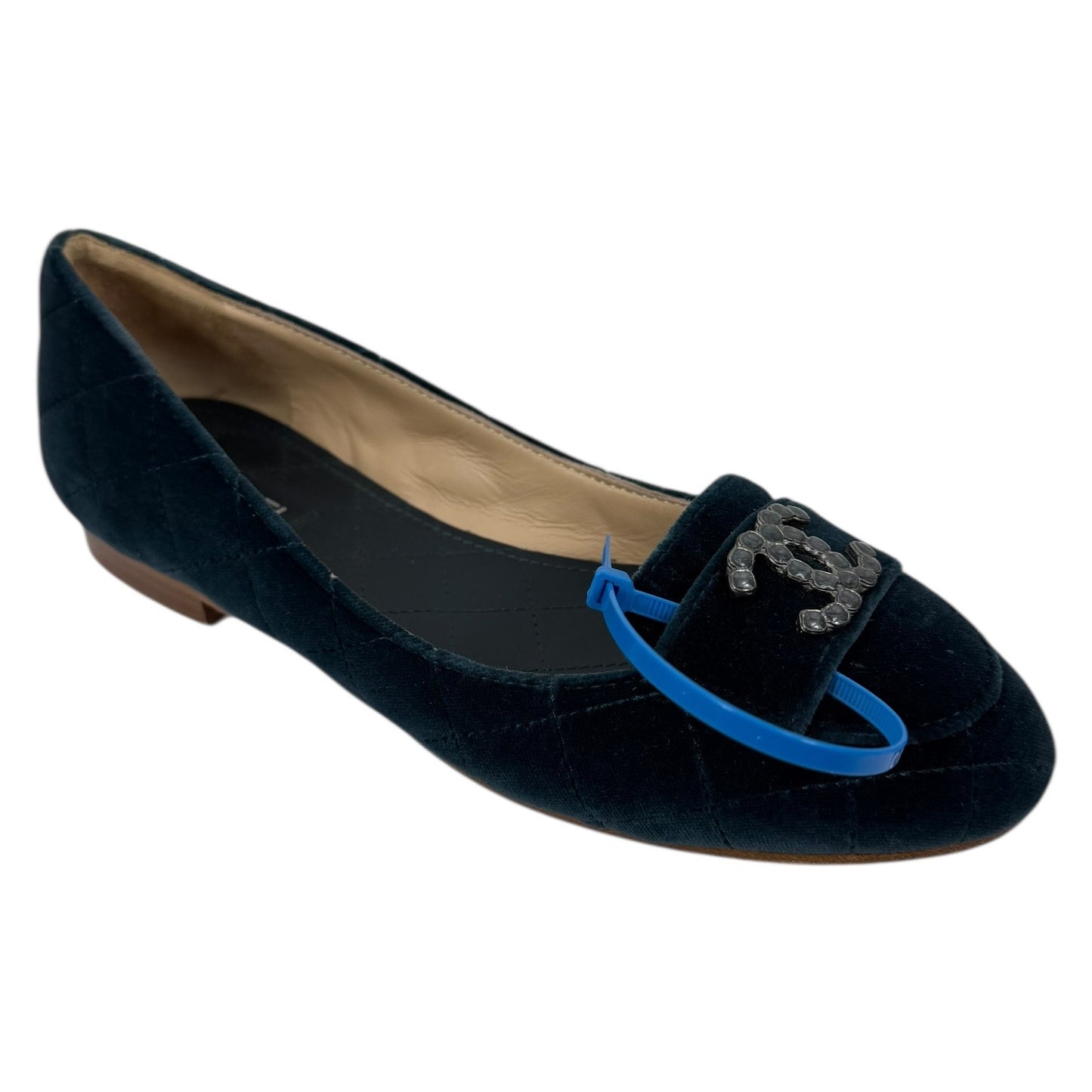 Chanel CC Logo Jeweled Velvet Quilted Slip On Flats Blue Size 39