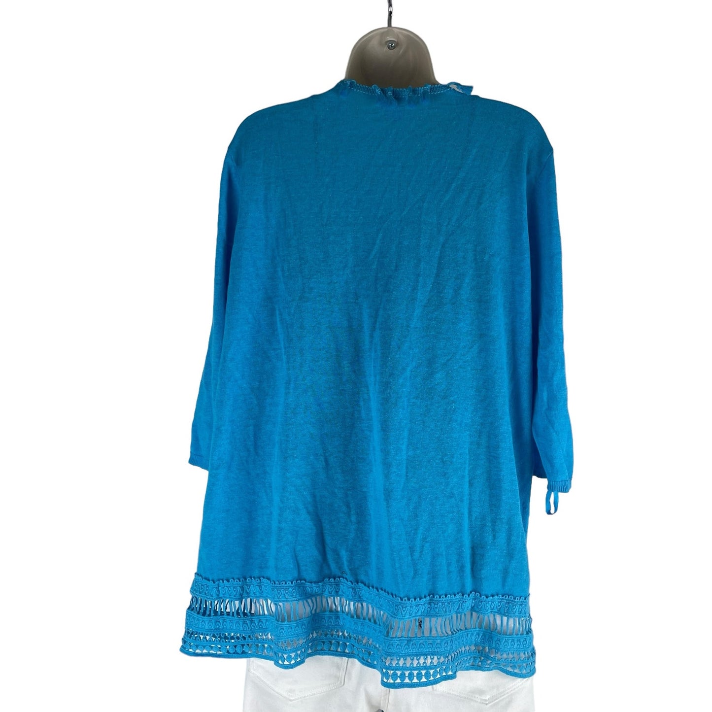 Chico's Linen Blend Tassel Trim Open Front Cardigan Lace Hem Size XLP