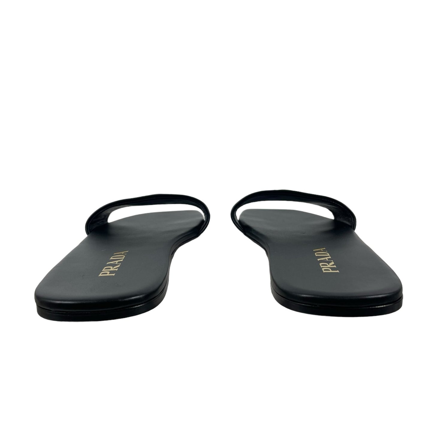 Prada Logo Enamel Plaque Flat Leather Slide Sandal Black Size 37.5