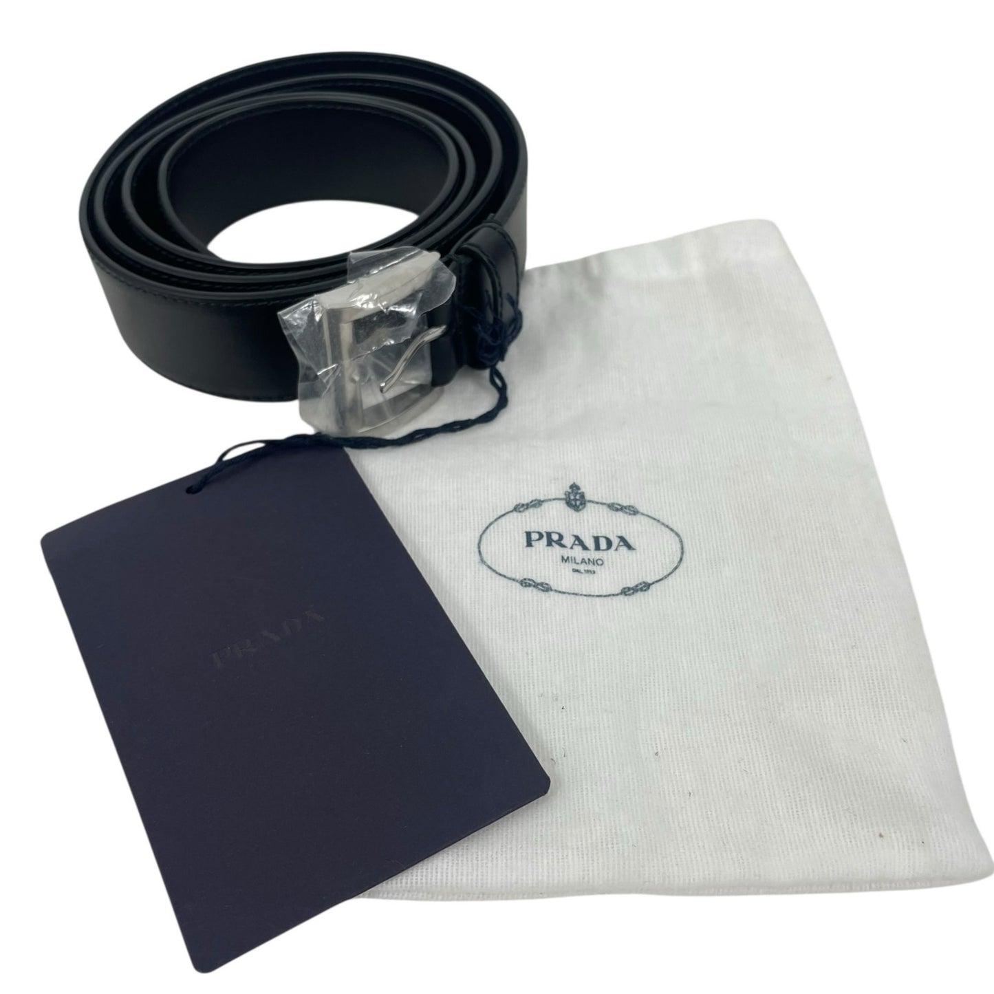 Prada Black Calfskin Leather Belt RUNWAY Silver Buckle Size 80/32