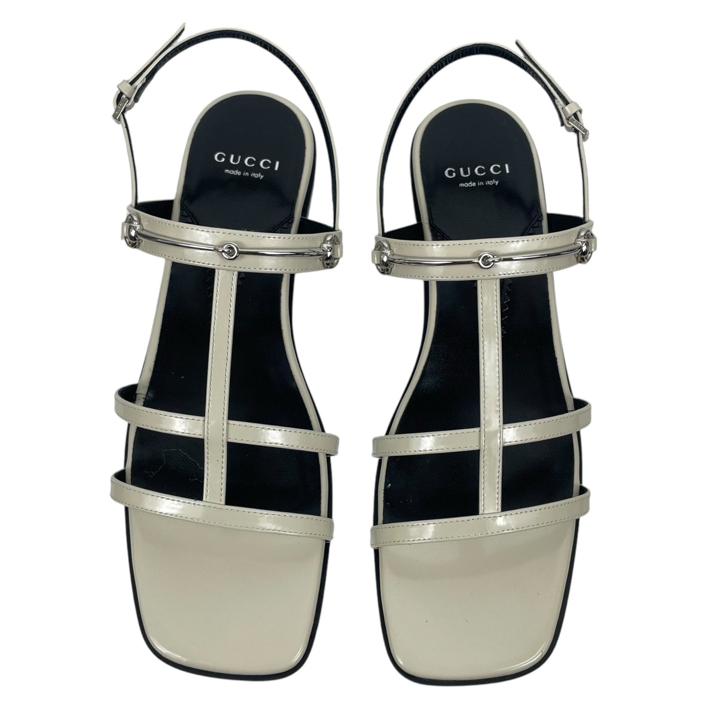 Gucci Divine Horsebit Patent Leather Slim Sandal Mystic White Size 40