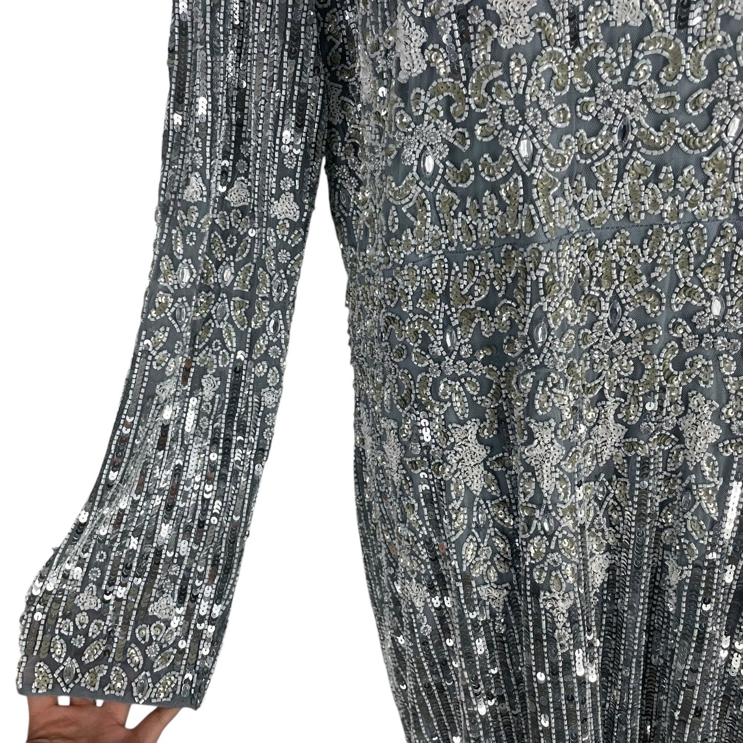 Mac Duggal Embellished Long Sleeve Midi Dress Platinum 5576 Size 20