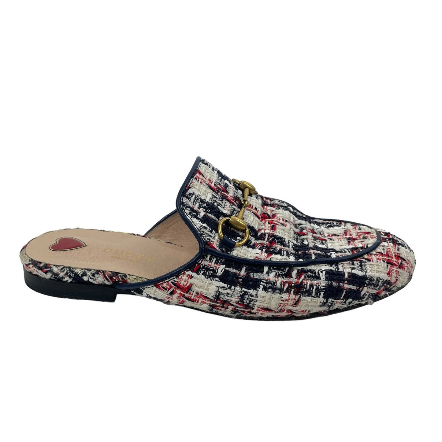 Gucci Princetown Tweed Mules Horsebit Gardenia Ink Blue Size 36.5