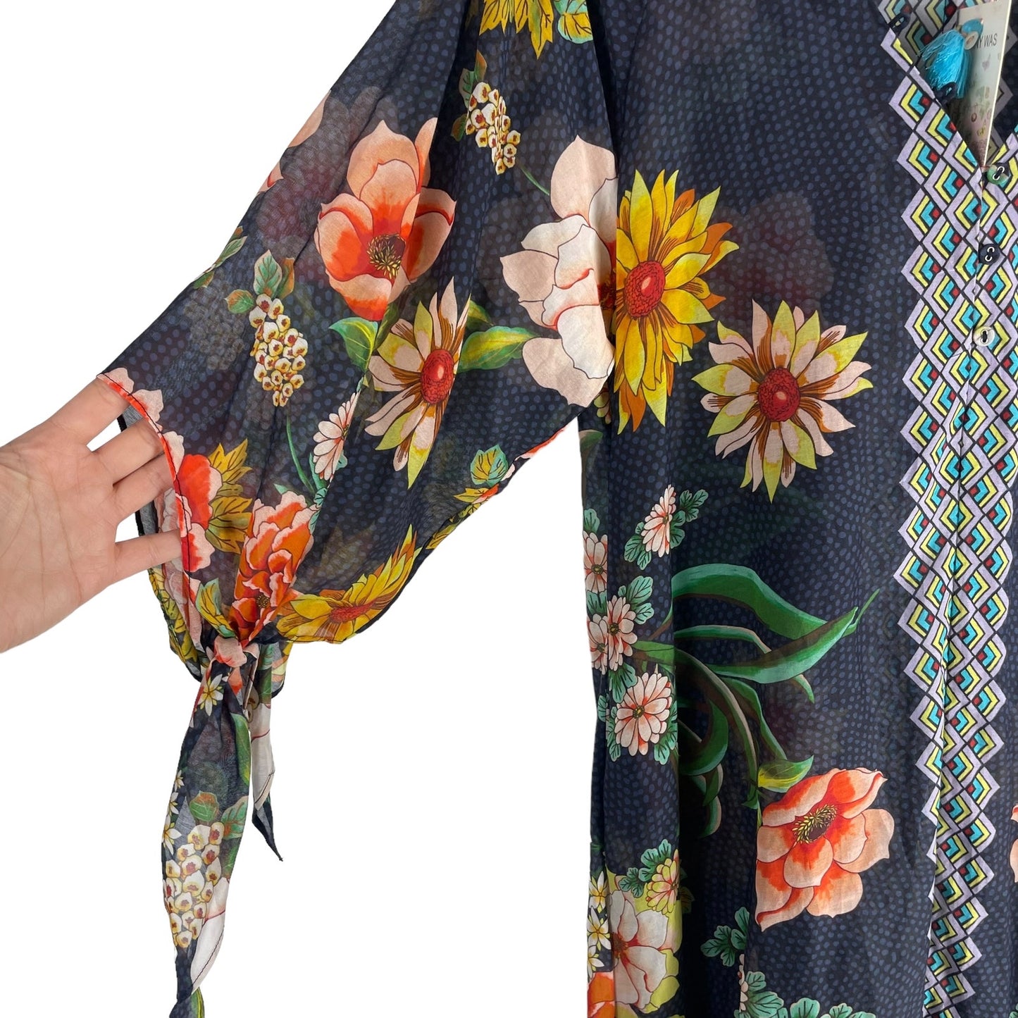 Johnny Was Mia Floral Border Long Dress Silk Blend Semi Sheer Size XS