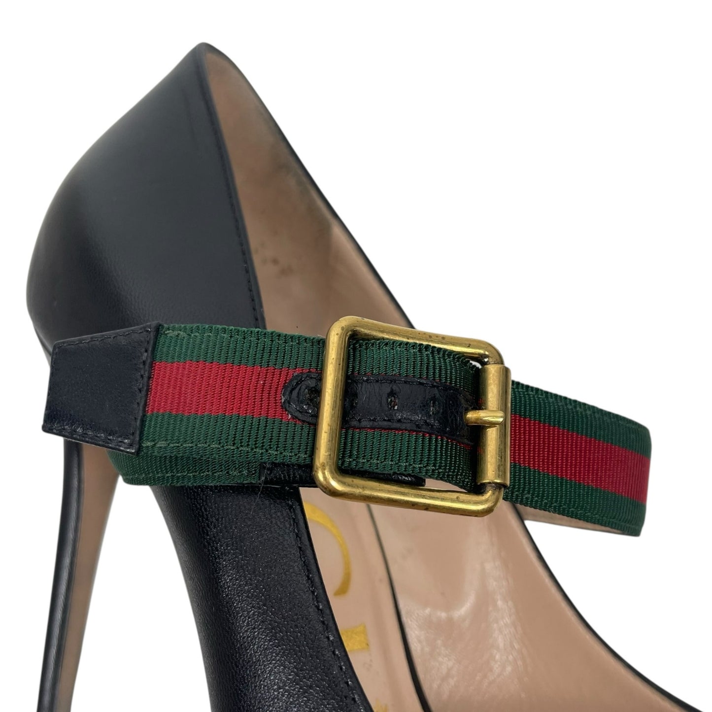 Gucci Malaga Kid Sylvie Mary Jane Web Pumps Black Leather Size 38.5