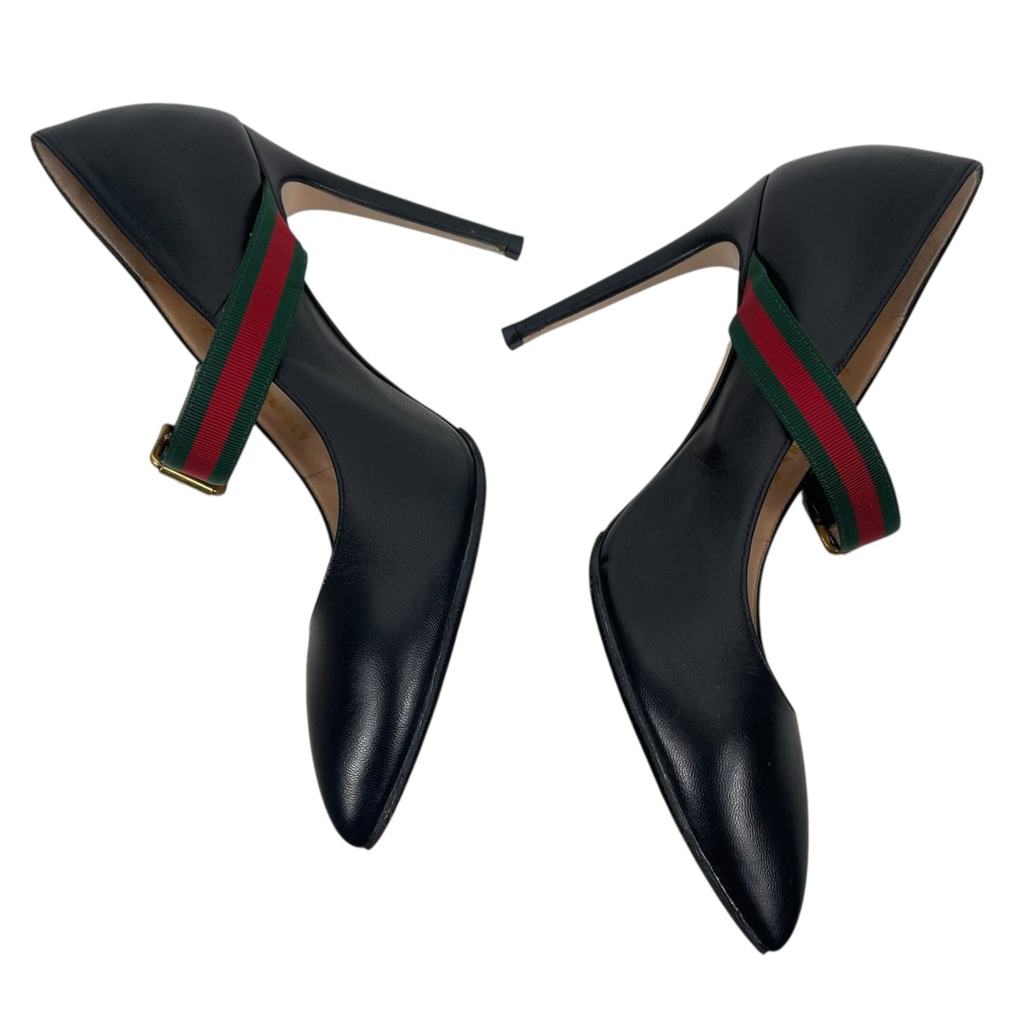 Gucci Malaga Kid Sylvie Mary Jane Web Pumps Black Leather Size 38.5