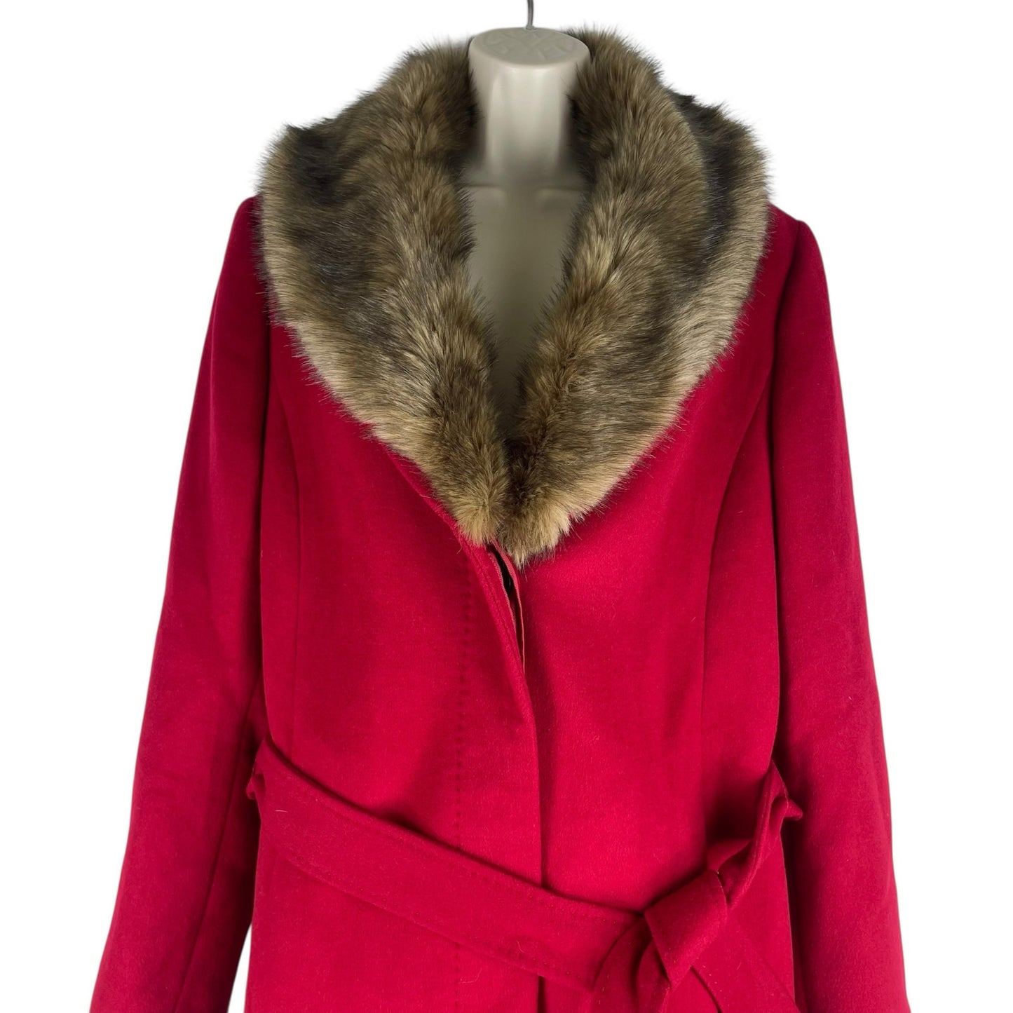 Talbots Wool Blend Belted Long Coat Removable Fur Collar Red Size 6