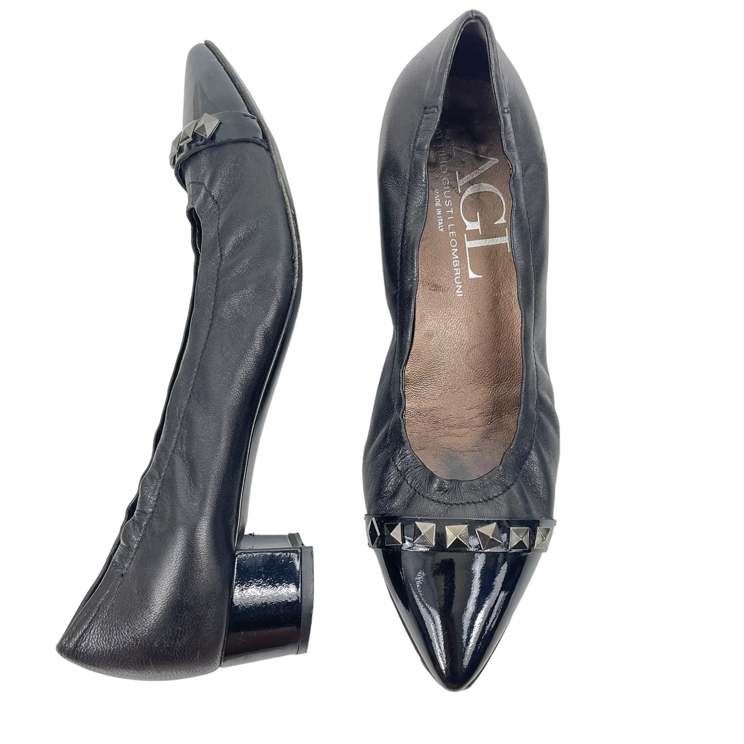 Attilio Giusti Leombruni AGL Pyramid Studded Pumps Low Heel Black Size 40.5