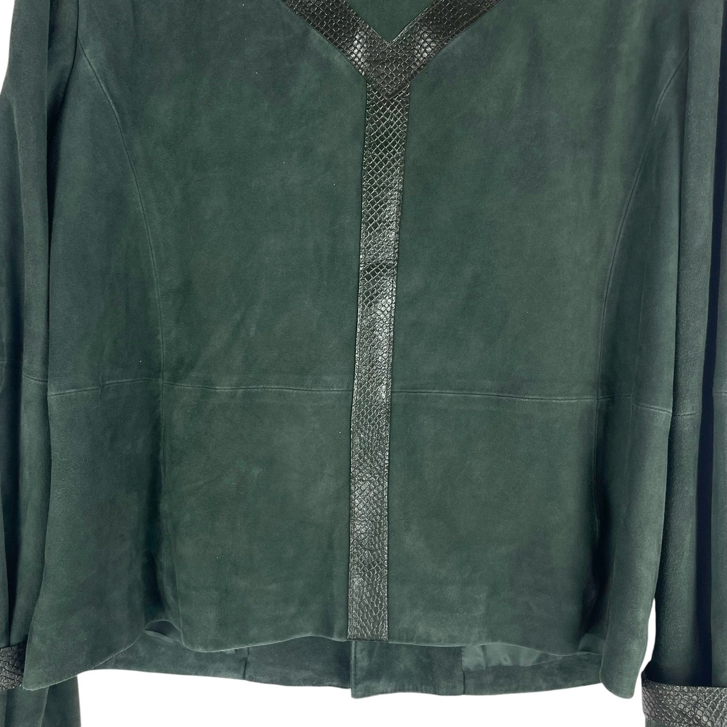 Worth NY Snake Leather Trim Suede Jacket Snap Button Dark Green Size 4