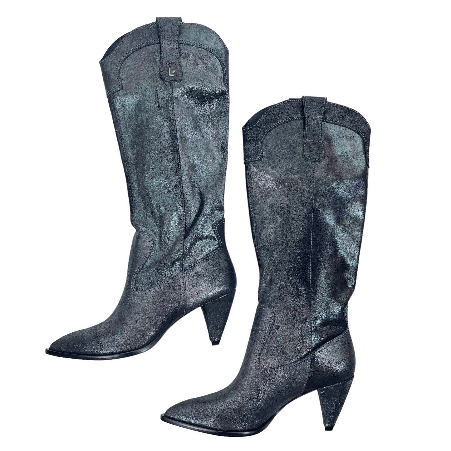 Larroude Louise Cowboy Boots in Shine Graphite Glitter Size 7
