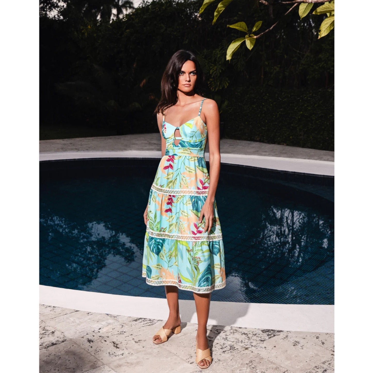PatBO Tropicalia Leaf Print Jute Trim Midi Dress Islablue Green Size 4