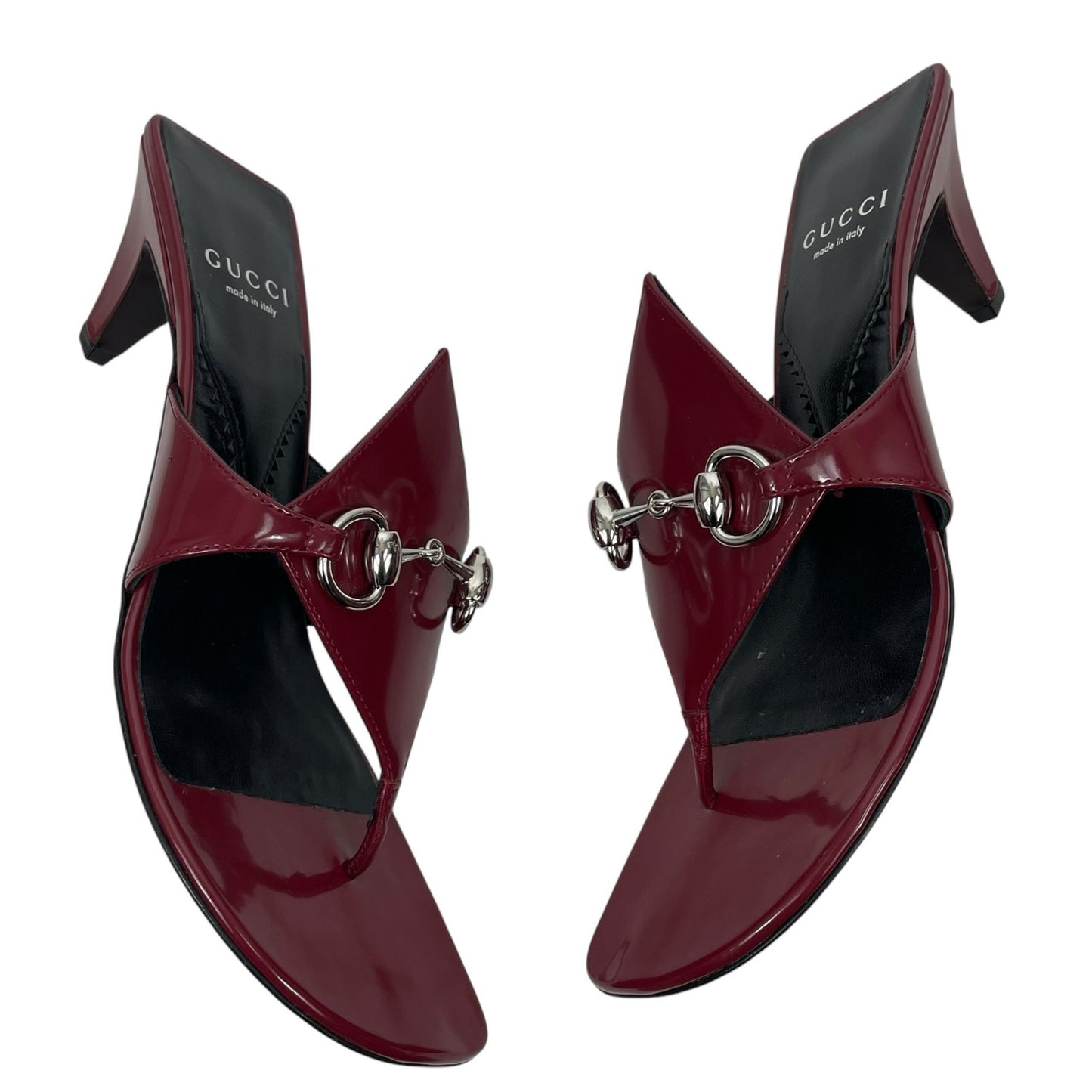 Gucci Mariame Horsebit Leather Thong Sandals Kitten Heel Red Size 36.5
