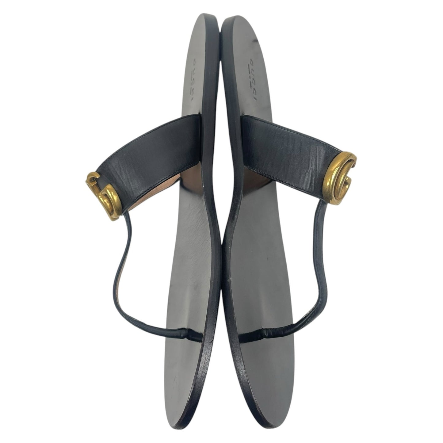 Gucci Leather Thong Sandals Double G Logo Black Gold Size 40.5
