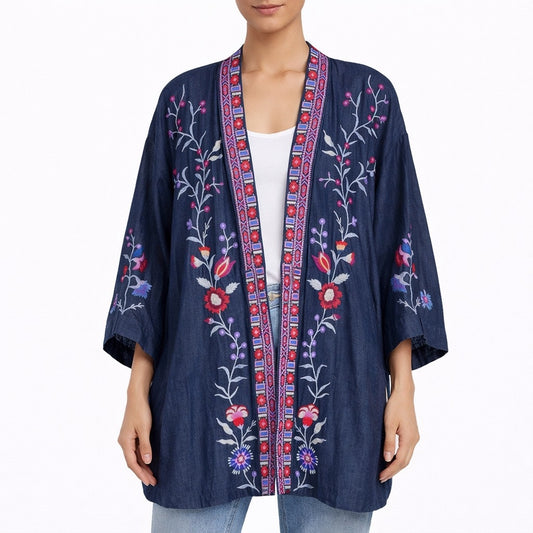 NEW Johnny Was Piper Shirt Tail Kimono Jacket Embroidery Denim Size XL