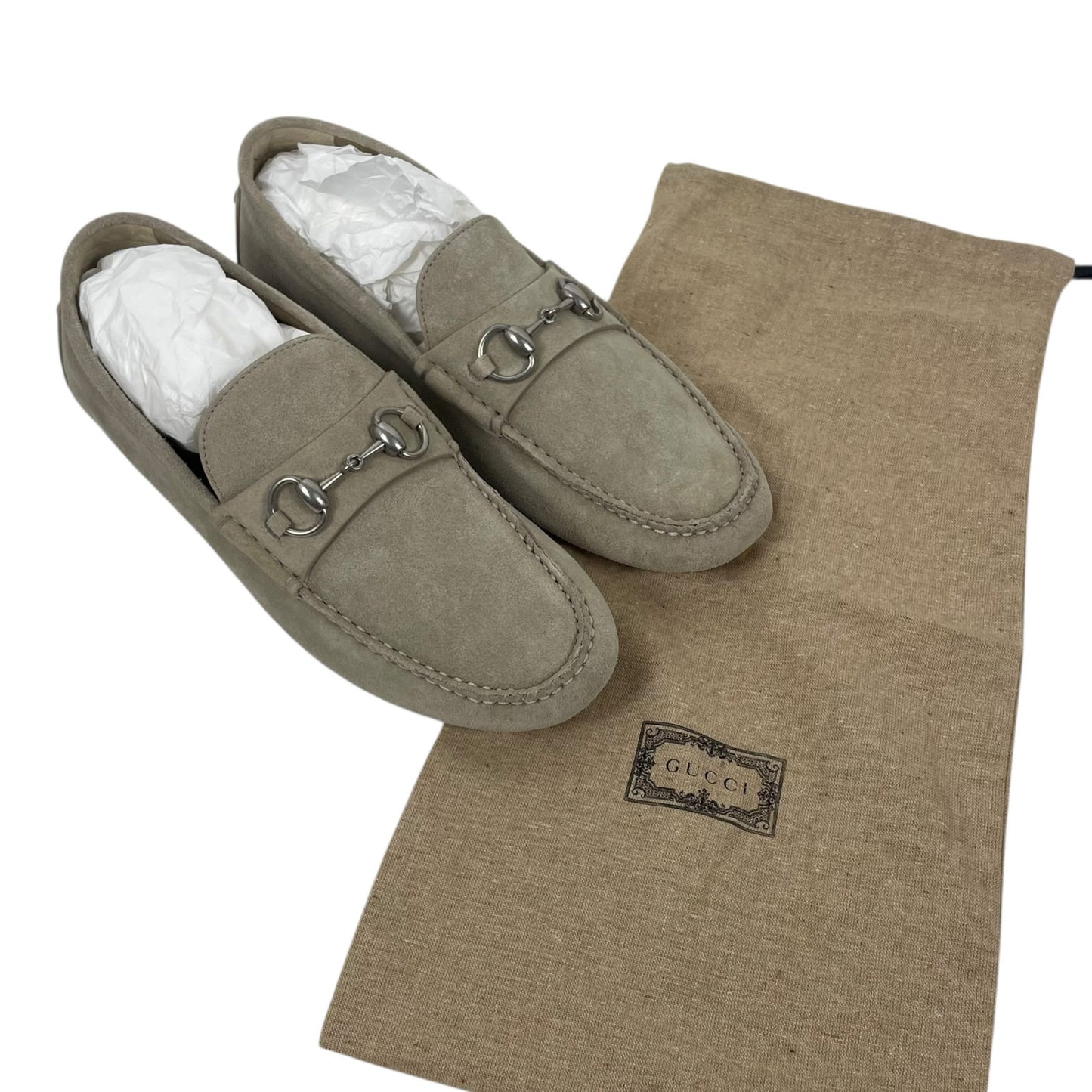 Gucci Horsebit Suede Driver Loafers Moccasin Oatmeal Beige Size 8 US 8.5