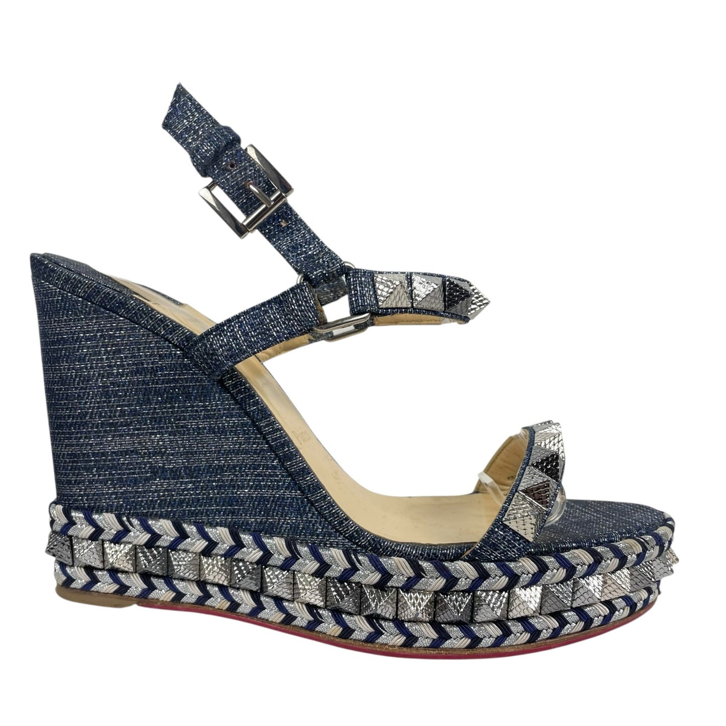 Christian Louboutin Lame Lux Pyraclou 110 Denim Wedge Sandal Blue Size 41