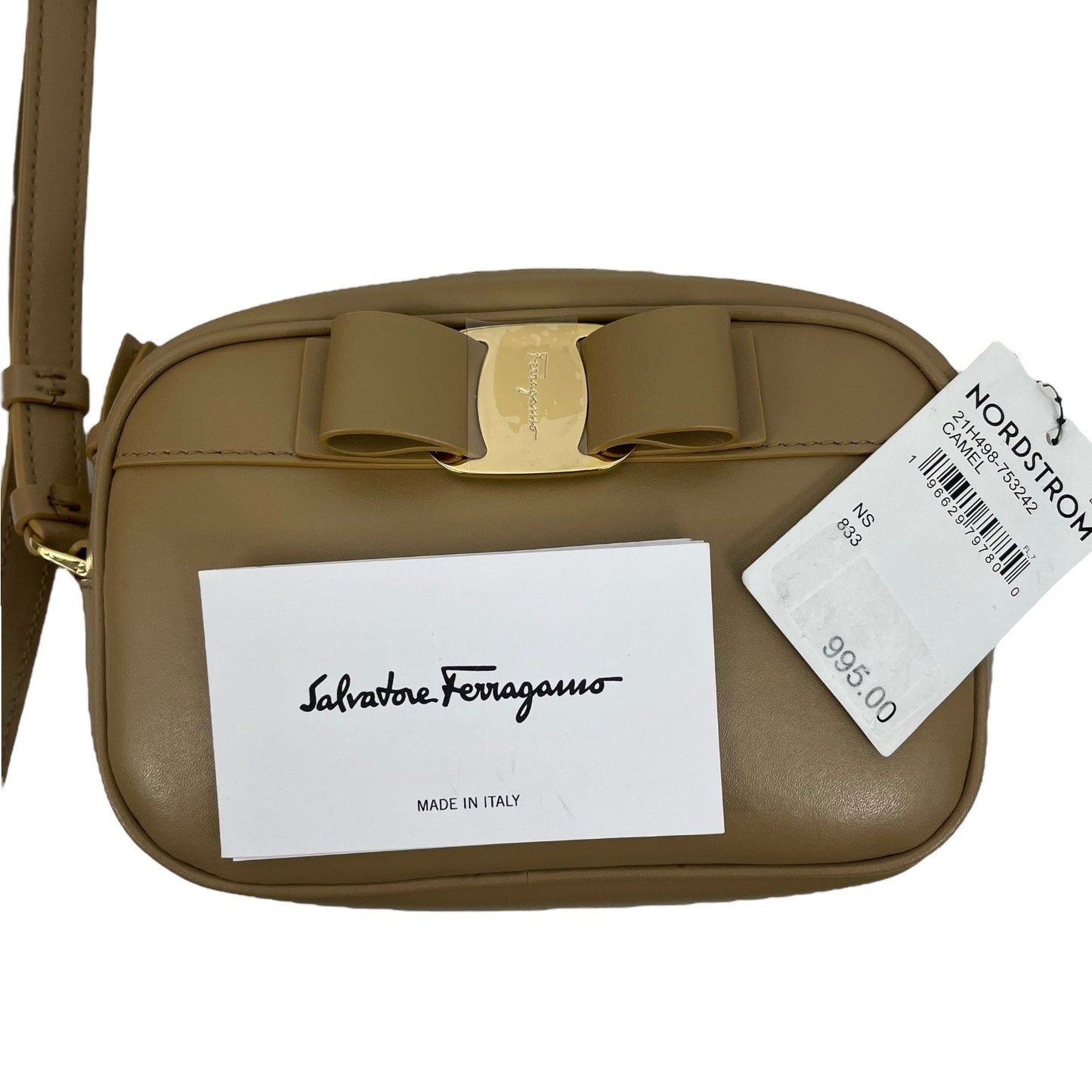Salvatore Ferragamo Calfskin Vara Bow Crossbody Camera Bag Camel Tan