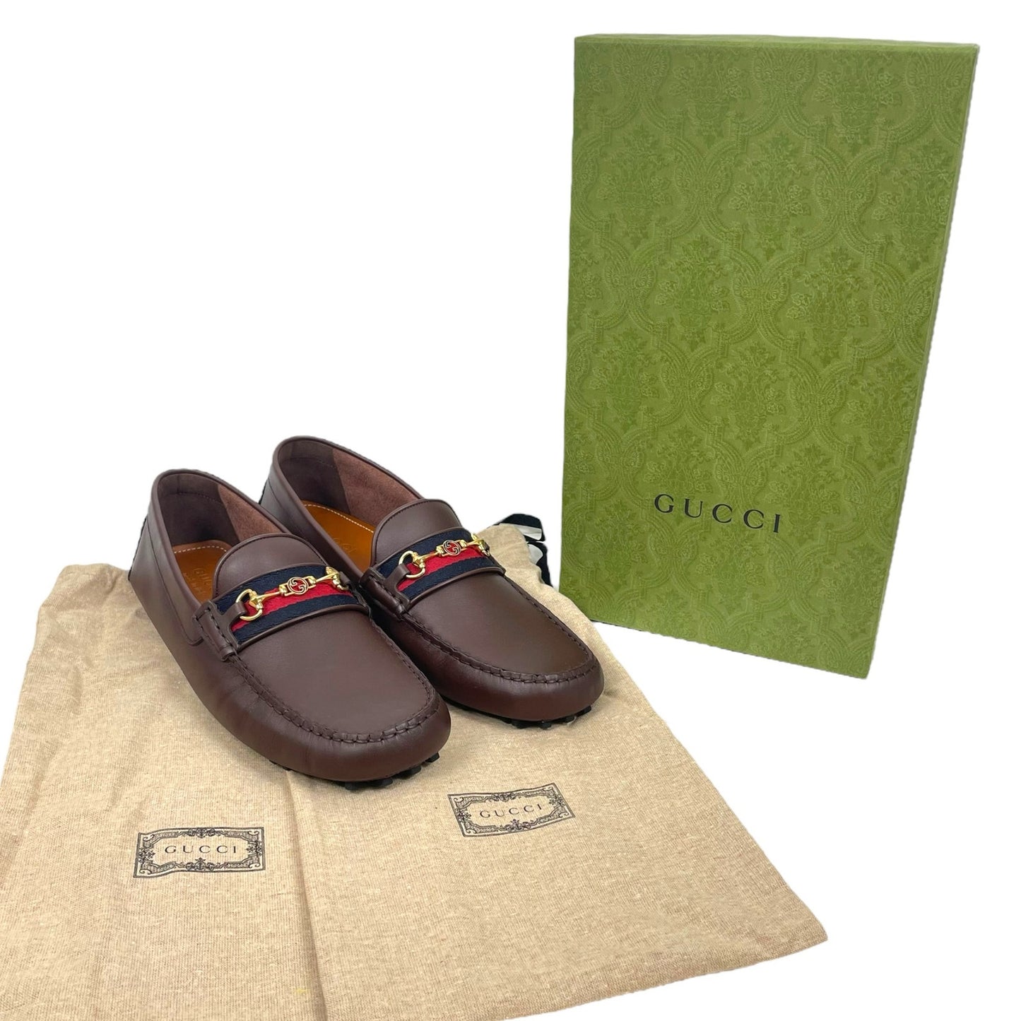 Gucci Ayrton Web GG Logo Horsebit Leather Driver Loafer Brown Size 13