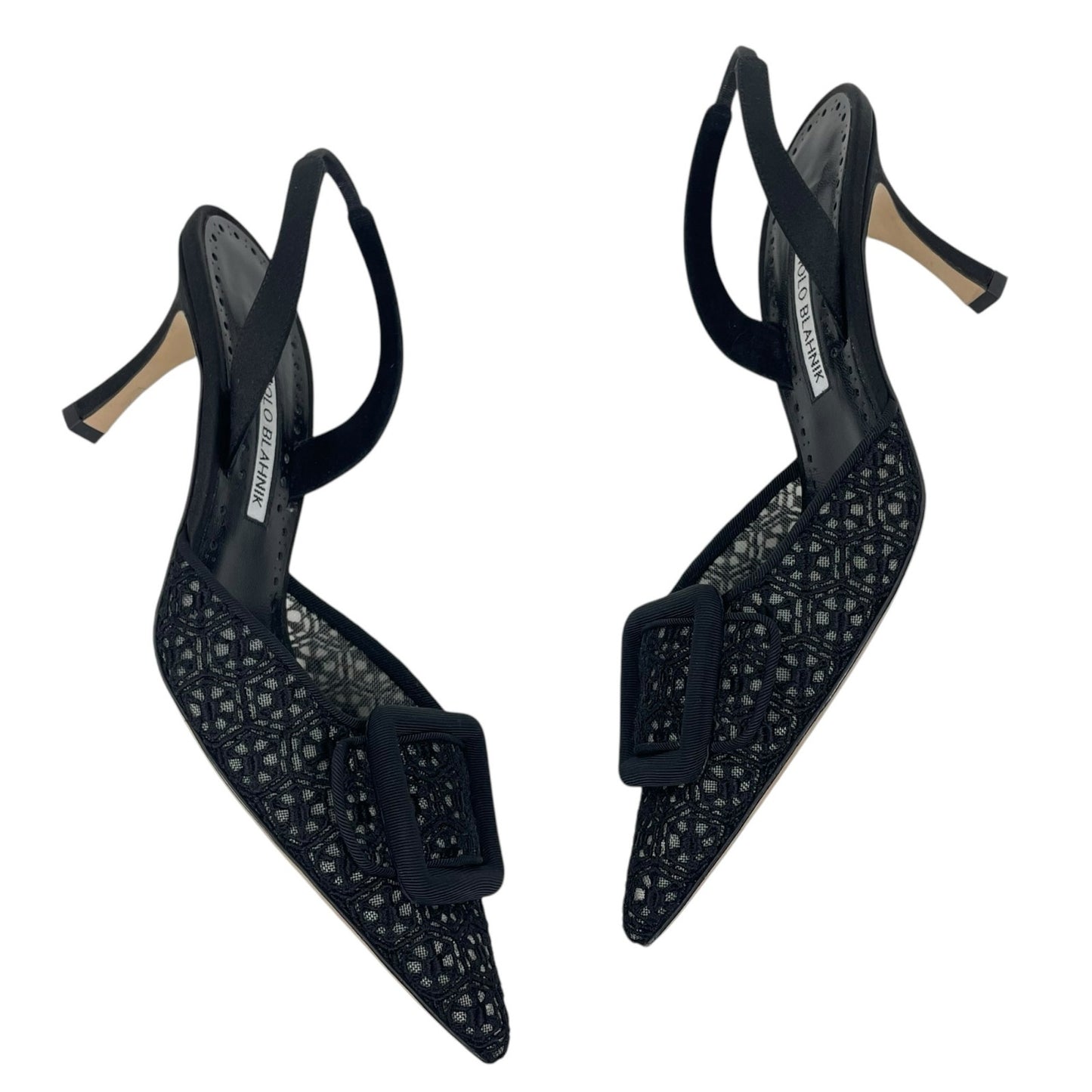 Manolo Blahnik Maysli 70 Lace Satin Slingback Mules Pumps Black Size 37.5