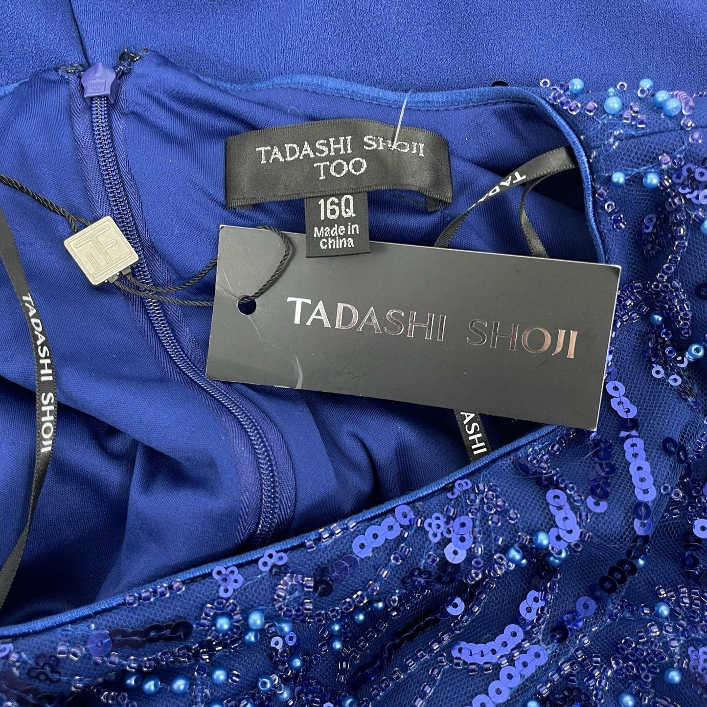 Tadashi Shoji Too Edry Embellished Crepe Gown Blue Size 16Q