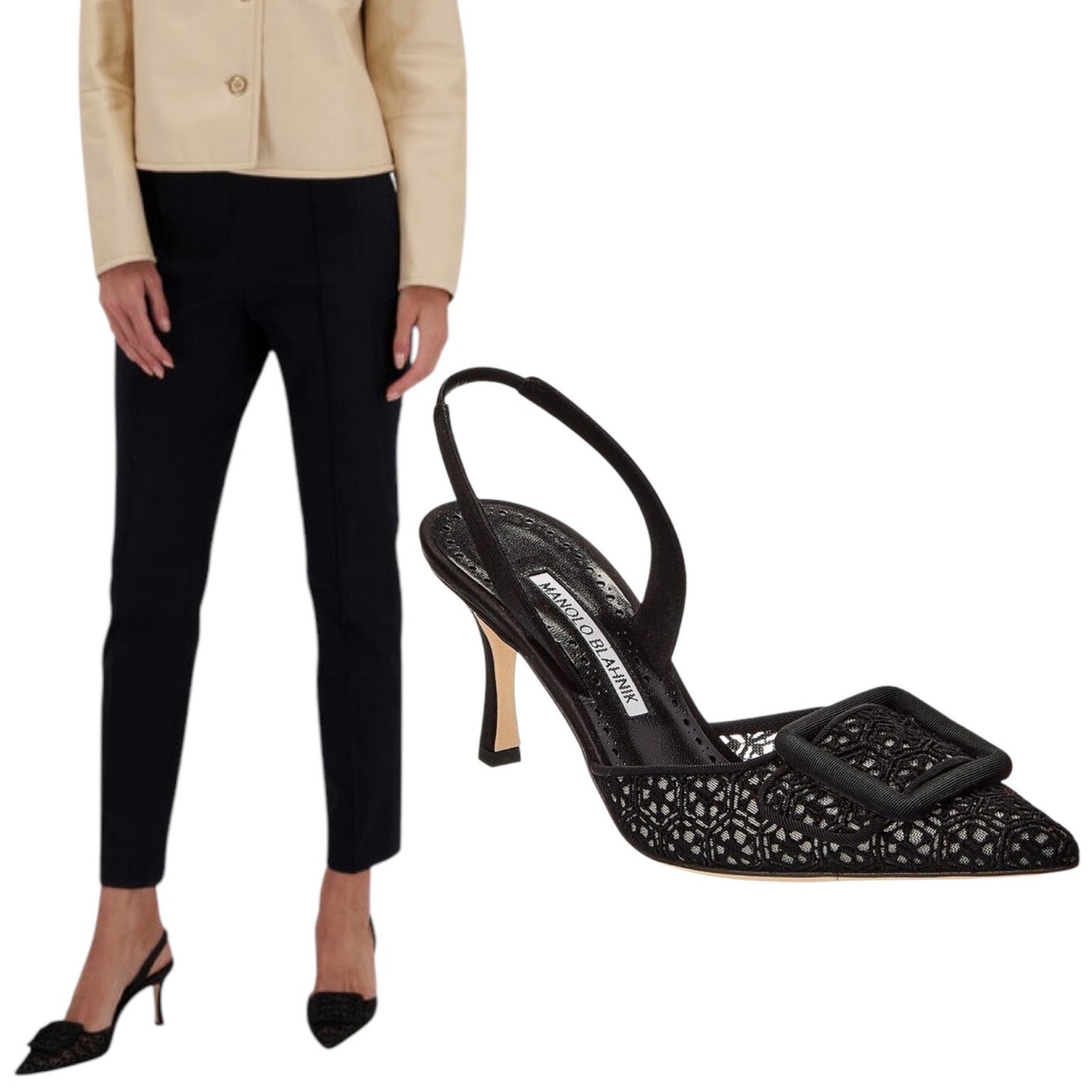 Manolo Blahnik Maysli 70 Lace Satin Slingback Mules Pumps Black Size 37.5