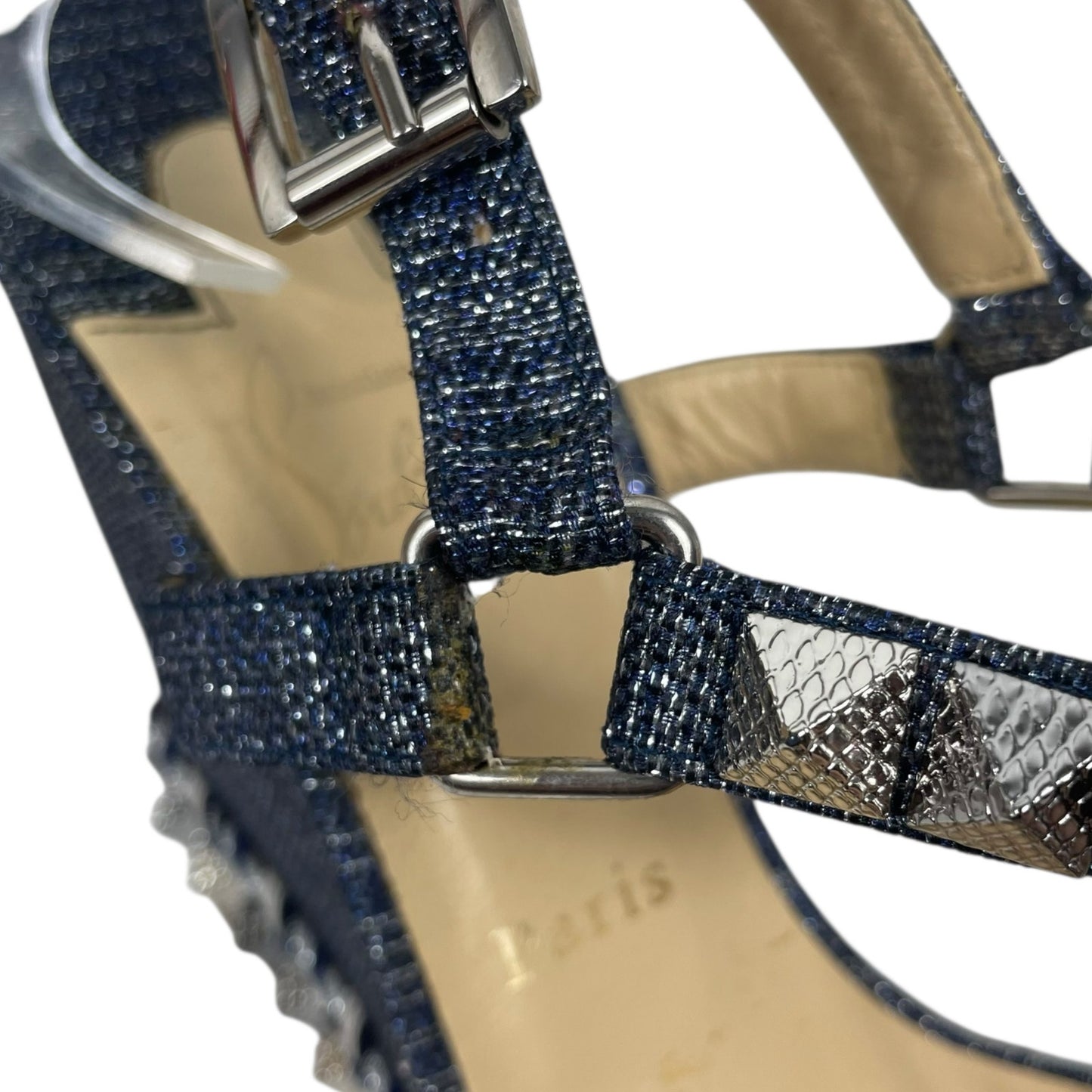 Christian Louboutin Lame Lux Pyraclou 110 Denim Wedge Sandal Blue Size 41